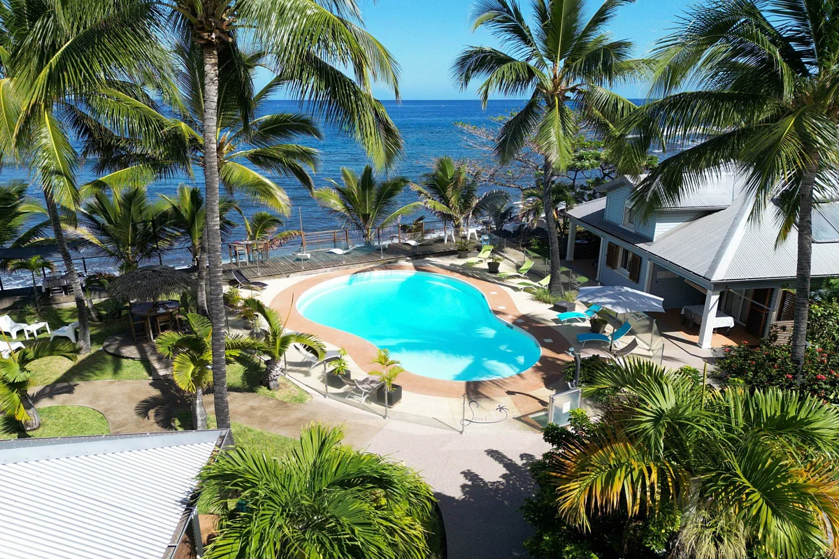 La piscine en forme de haricot entre les cocotiers, avec la mer derrière